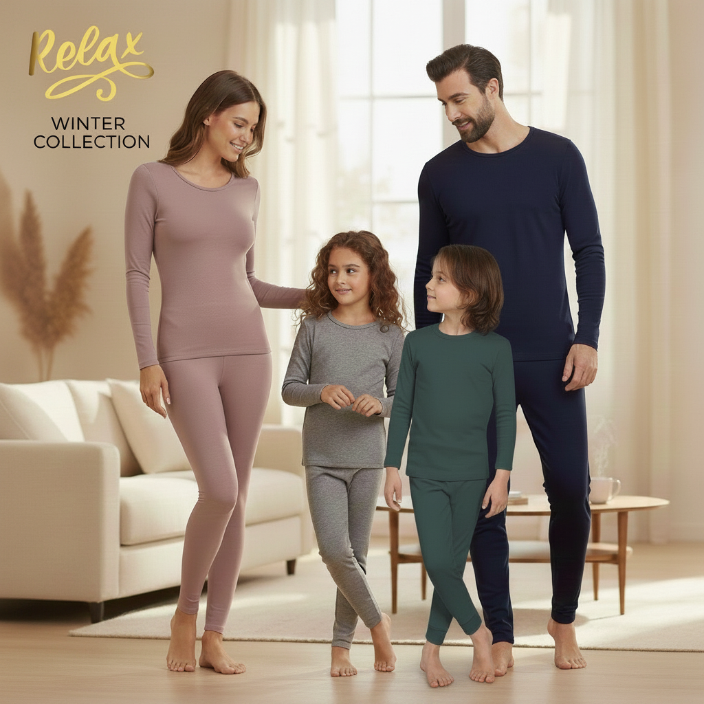 Family wearing matching pajamas in a living room setting with 'Relax' branding.